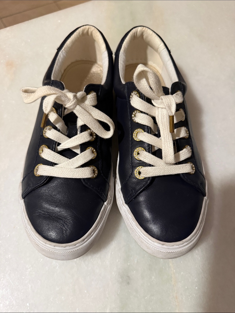 Lilly Pulitzer Women's Navy Leather Casual Sneakers with Gold Eyelets